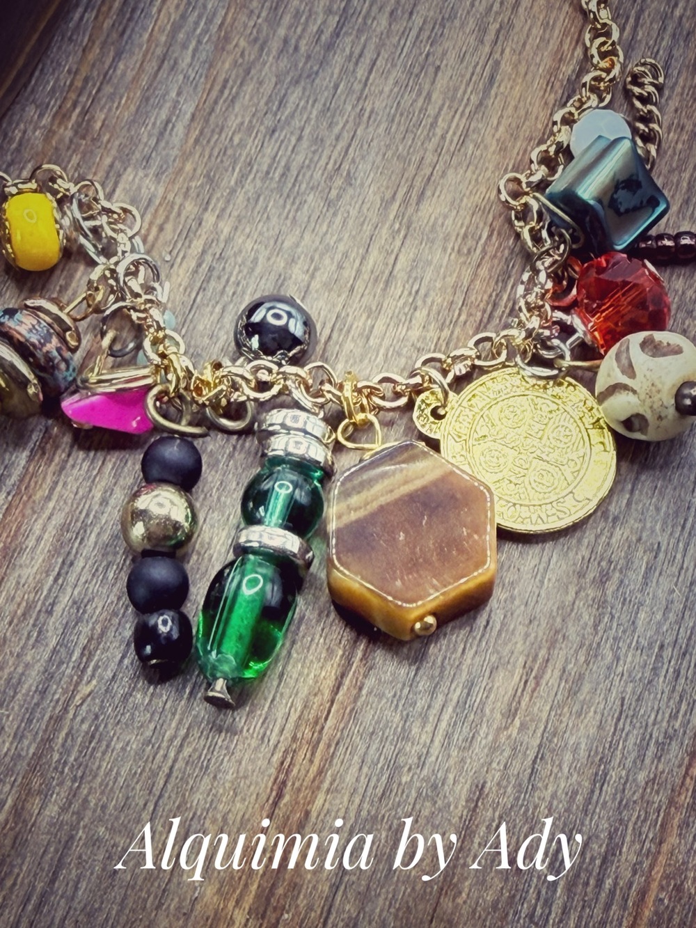 Alquimia Gold-Tone Charm bracelet with Green and Brown Gem Charms